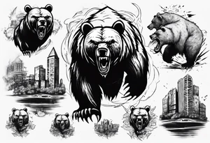 Angry bear coming up behind a city tattoo idea