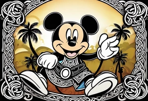 mickey mouse holding a karambit knife in one hand and a rattan stick in the other hand with palm trees and the celtic symbol for family tattoo idea