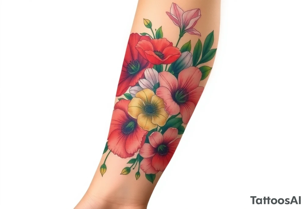 Fore arm tattoo in the neo american traditional style. I want to incorporate a few different flowers: Poppies, Morning Glory, Narcissus with green leaves in the background tattoo idea