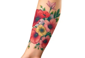 Fore arm tattoo in the neo american traditional style. I want to incorporate a few different flowers: Poppies, Morning Glory, Narcissus with green leaves in the background tattoo idea