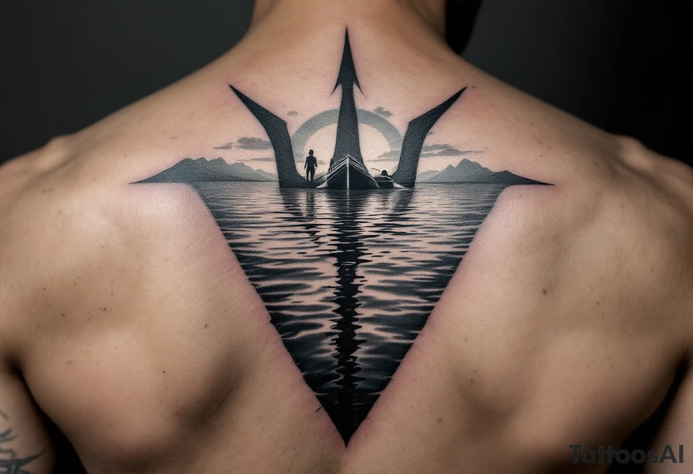 trident half way under calm water with sanger skiboat and sunset tattoo idea