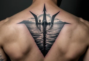 trident half way under calm water with sanger skiboat and sunset tattoo idea