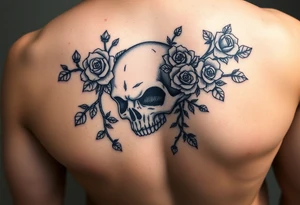 gothic skull intertwined with climbing roses and thorny vines tattoo idea