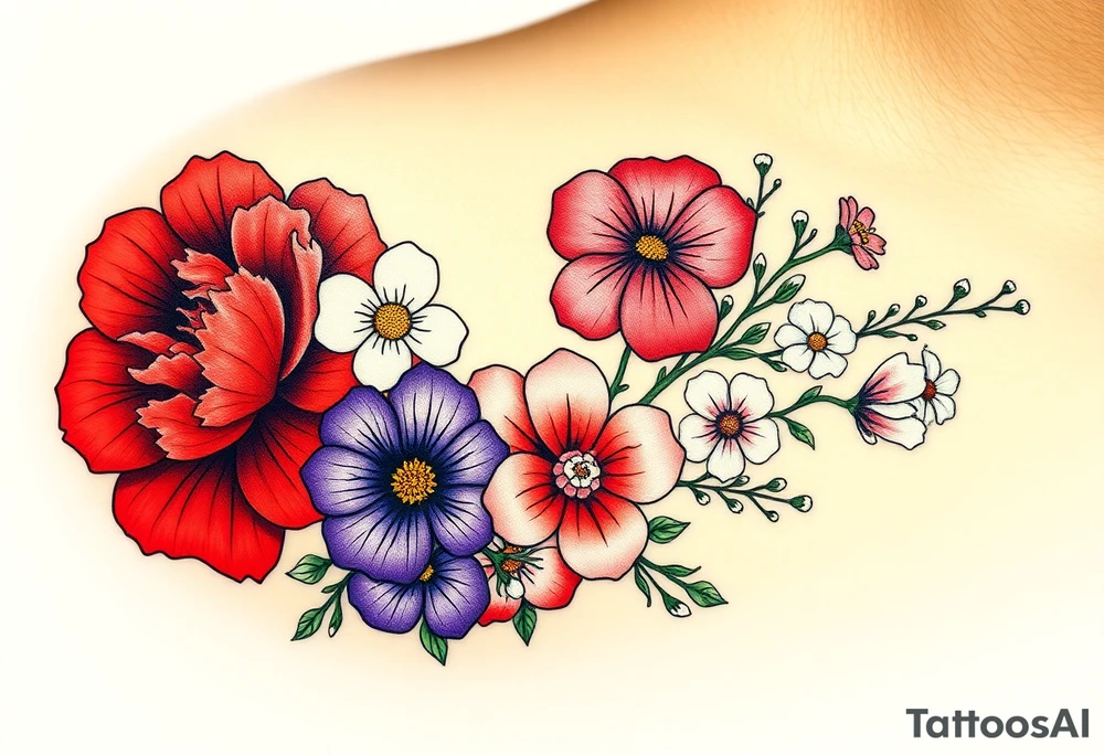 Upper left arm, wrapping slightly from the shoulder to the mid-upper arm, ending at the natural mid-arm curve.

Top center: Large red carnation
Left side: Purple pansy above a blue cosmos flower
Right side: Pink cosmos above a red cosmos
White flowers:
3 between the purple and blue flowers
2 below the pink/red flowers
3 on the branch extending from the right side of the carnation
2 on a branch connecting from the right side of the carnation to the top of the purple pansy
(bouquet)
Neo-Traditional with Realism influence
Bold, clean black outlines
Flat, rich color gradients
Realistic flower detailing: natural petal texture, realistic shading, and depth
Flowing, realistic green branches and leaves
Fine black dots and small line accents
Small gold star next to the top red carnation

Warm brown skin tone tattoo idea