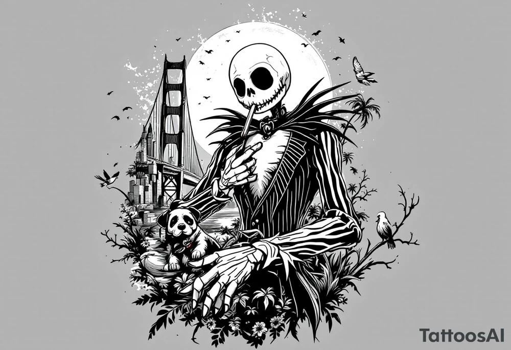 majestic jack skellington with dog,smoking a blunt and fishing,surrounded by city buildings,golden gate bridge, birds, palm trees, tattoo idea