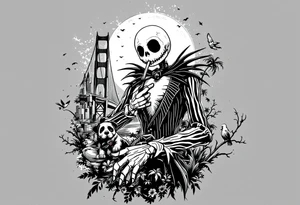 majestic jack skellington with dog,smoking a blunt and fishing,surrounded by city buildings,golden gate bridge, birds, palm trees, tattoo idea