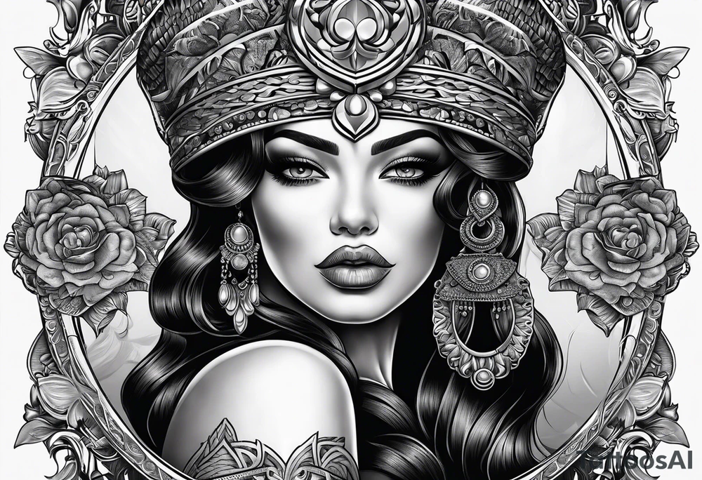 Chicano stijlVrouw met slangen in haar haar en een vrouwe justitie weegschaal in haar hand tattoo idea