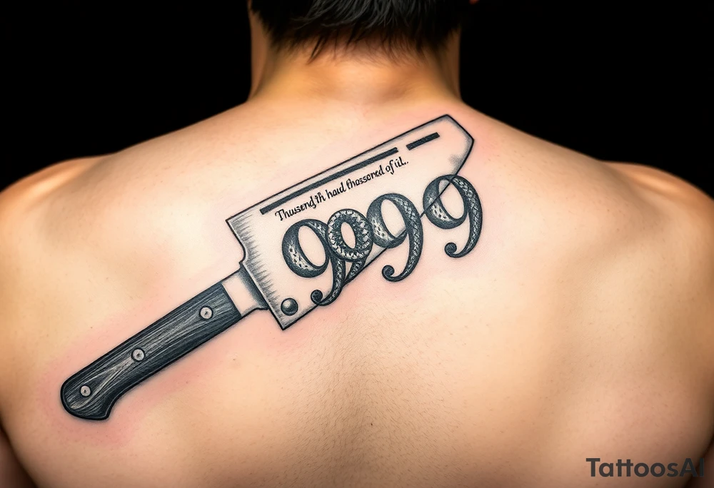 A butcher’s cleaver with “the thousandth man” written on the blade.
The cleaver is cutting the number 999.
The 999 is like a head of a snake tattoo idea