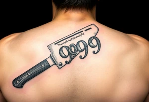 A butcher’s cleaver with “the thousandth man” written on the blade.
The cleaver is cutting the number 999.
The 999 is like a head of a snake tattoo idea