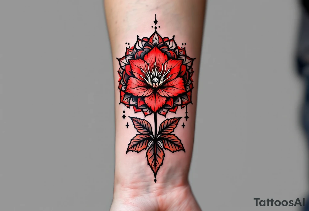 red  and black rhododendron trippy with mandala behind tattoo idea