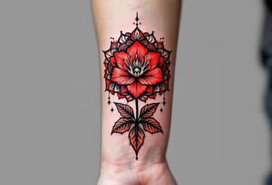 red  and black rhododendron trippy with mandala behind tattoo idea