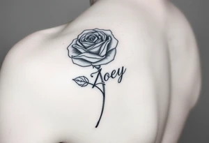 Arm tattoo with a rose and the name Zoey in cursive for the stem tattoo idea