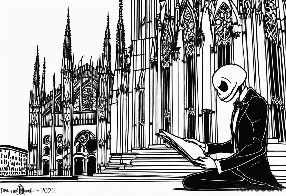 jack skellington leaning against milan cathedral as he reads the date June 07, 2023 tattoo idea