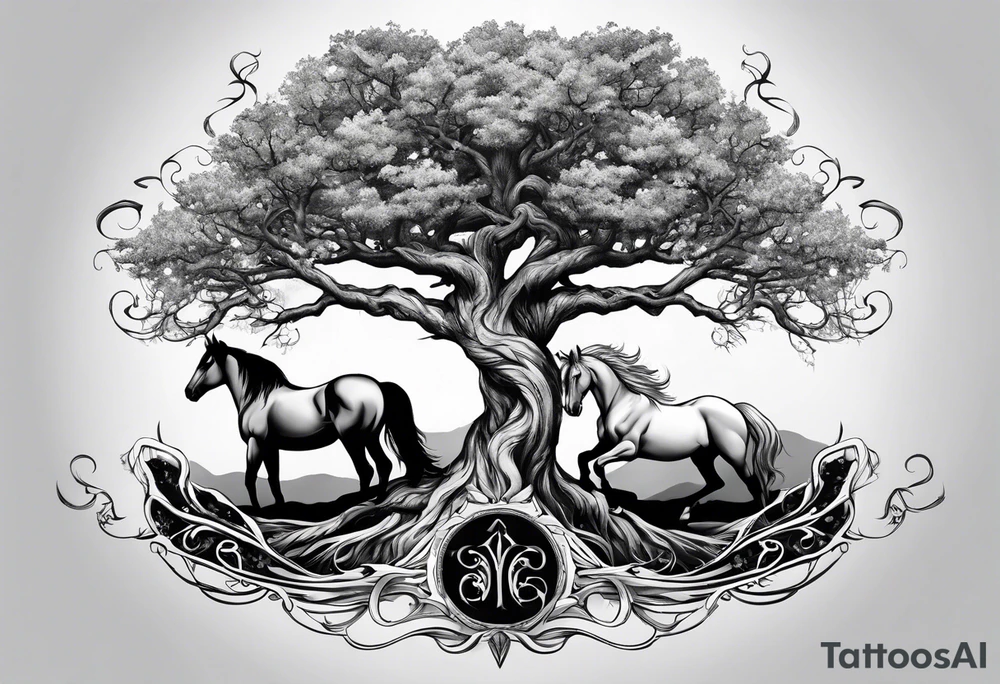 Realistic Horse and Yggdrasil tree tattoo idea