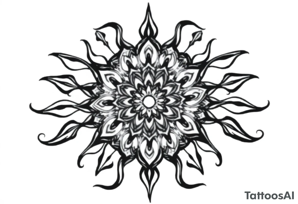 Mandala center with flowing black lines extending outward, blackwork tattoo design, spiritual energy, curved shapes, symmetrical but flowing, designed for sleeve expansion, -- no color, no text, minimal background, ink-style shading, centered, high-resolution, symmetrical or dynamic layout, tattoo-ready tattoo idea
