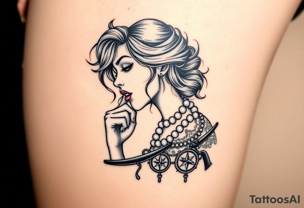 Profile of sexy woman with messy hair 
,resting chin on fist 
, mouth open  , lace, lipstick,  pearls 
compass and gun near by tattoo idea