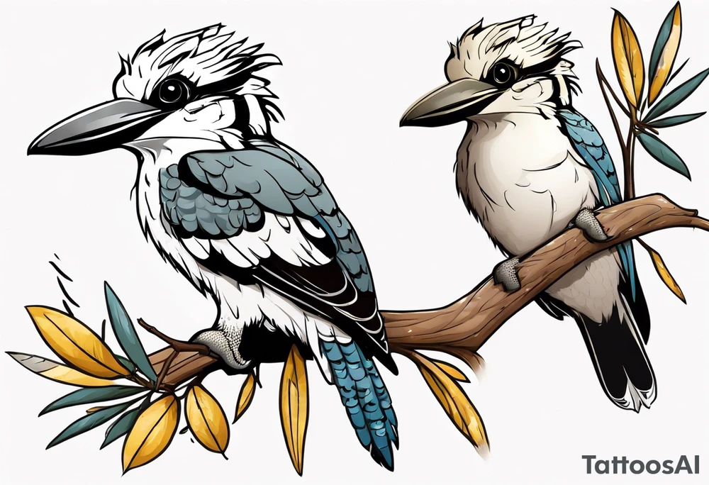 Cartoon kookaburra sitting on wattle and eucalyptus leaves tattoo idea