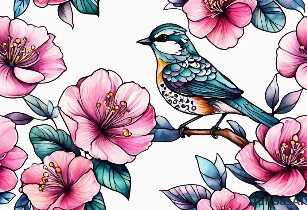 Small Pink flowers with decorative dott pattern, a bird and libra tattoo idea