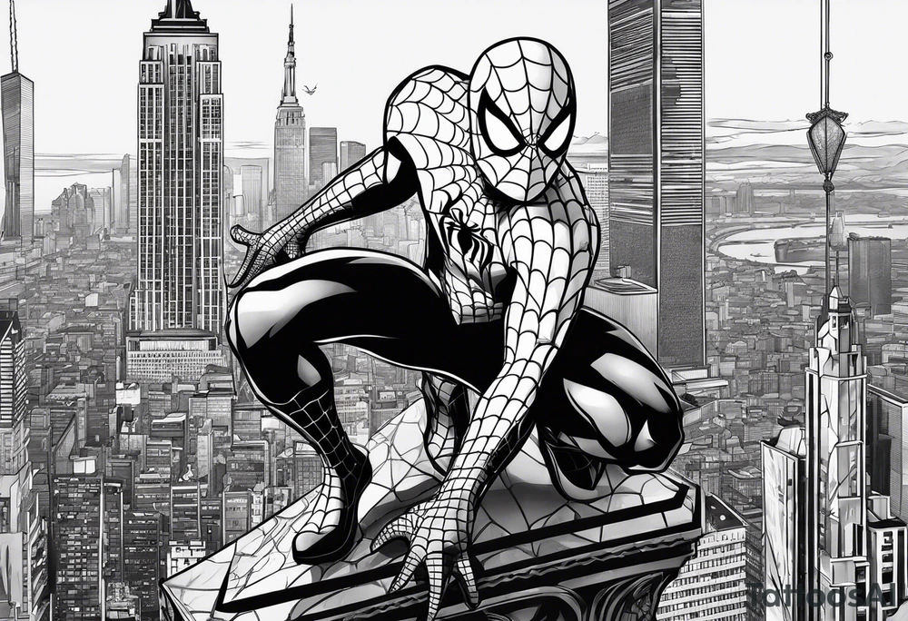 black suit spider-man on tower tattoo idea