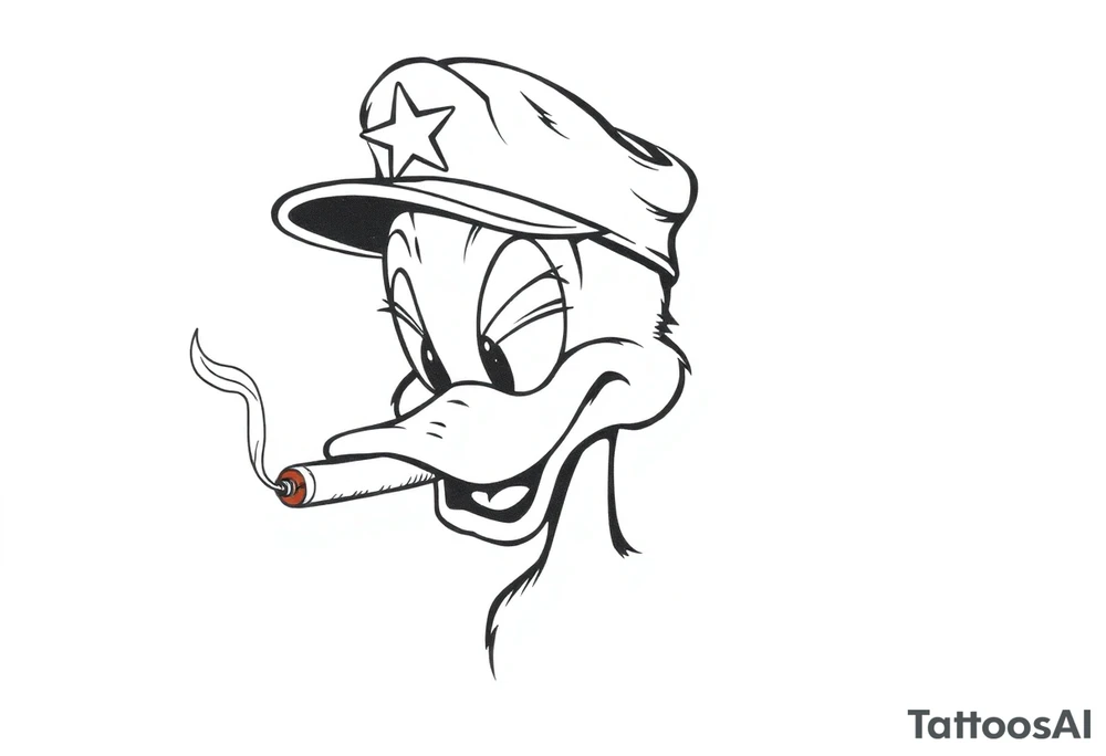 Daffy duck  smoking a rolled cigarette with a Vietnam veteran hat on and make his eyelids low and chill looking tattoo idea