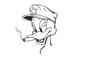 Daffy duck  smoking a rolled cigarette with a Vietnam veteran hat on and make his eyelids low and chill looking tattoo idea