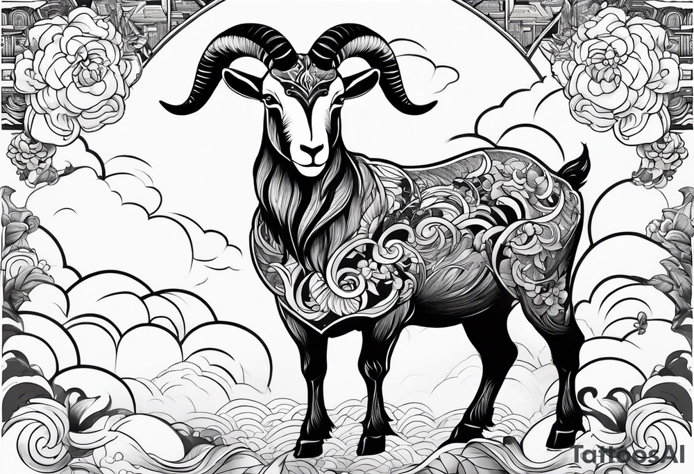 full body goat with clouds in japanese style tattoo idea
