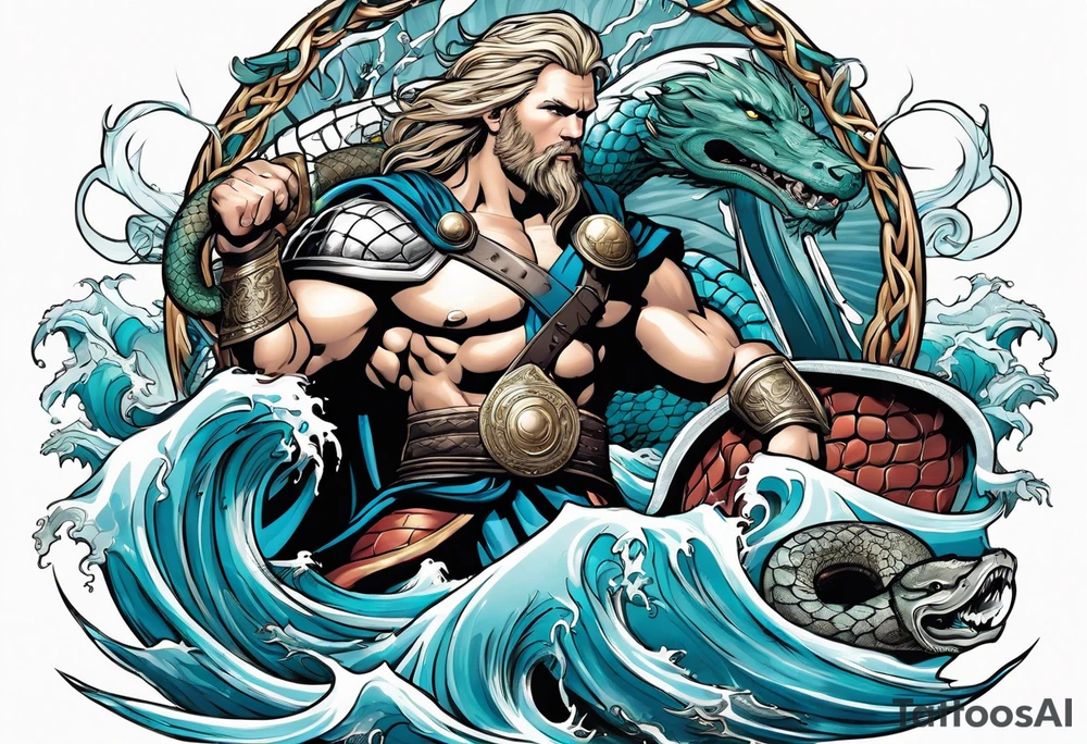 Thor getting eaten by the world serpent in the ocean tattoo idea