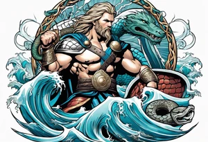 Thor getting eaten by the world serpent in the ocean tattoo idea