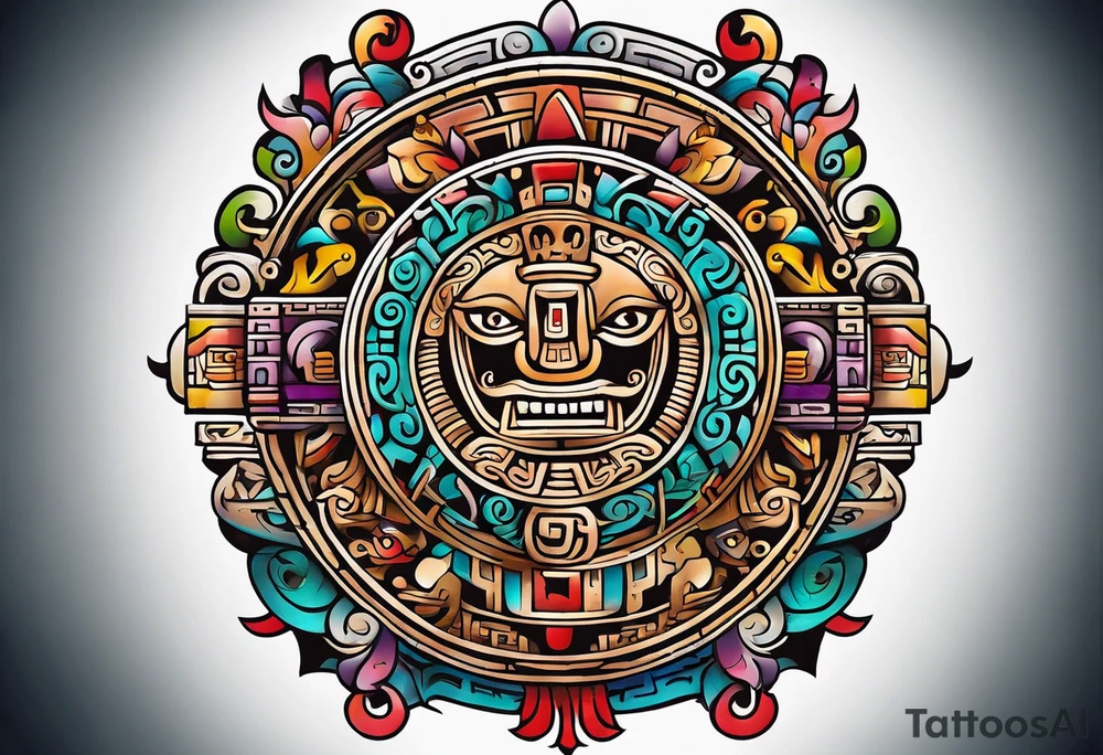 Colorful ancient Mayan hieroglyph tattoo idea