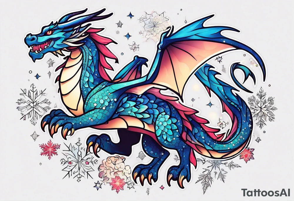 Constellation, kawaii dragon, snowflake tattoo idea