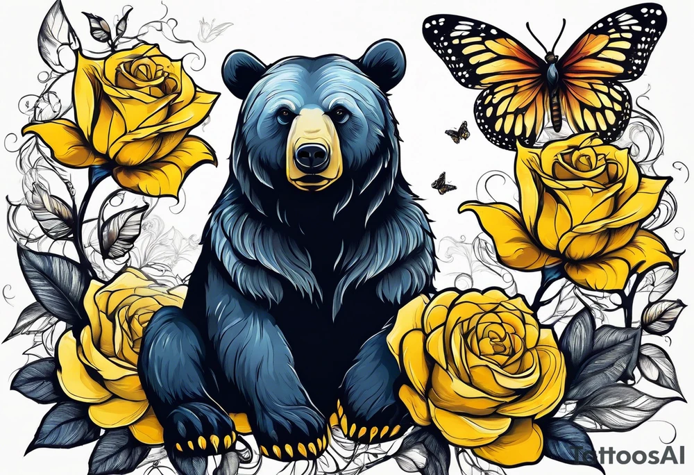 A bear sitting under the tree of life with three yellow roses, and three butterflies tattoo idea