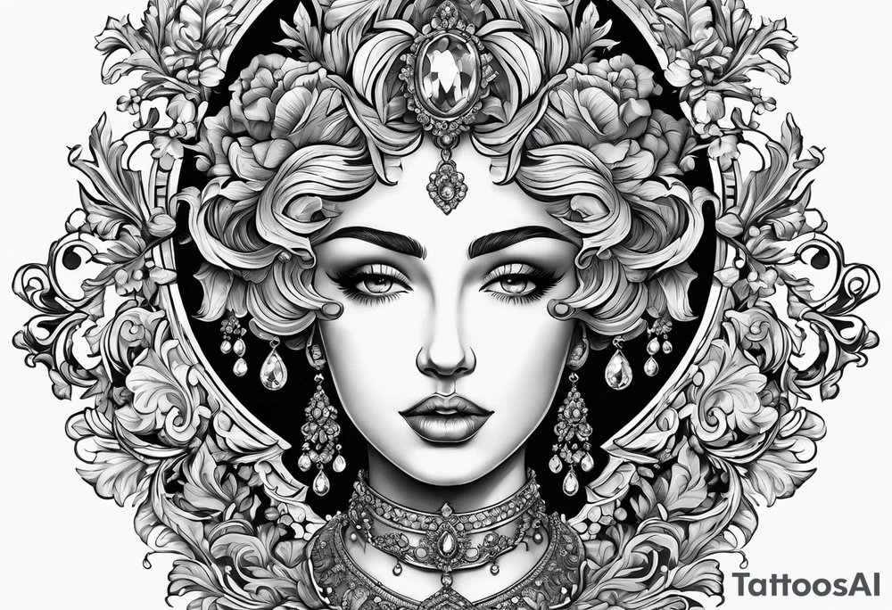 baroque vector on my neck going down & across my shoulders with a gem in the middle of my neck tattoo idea