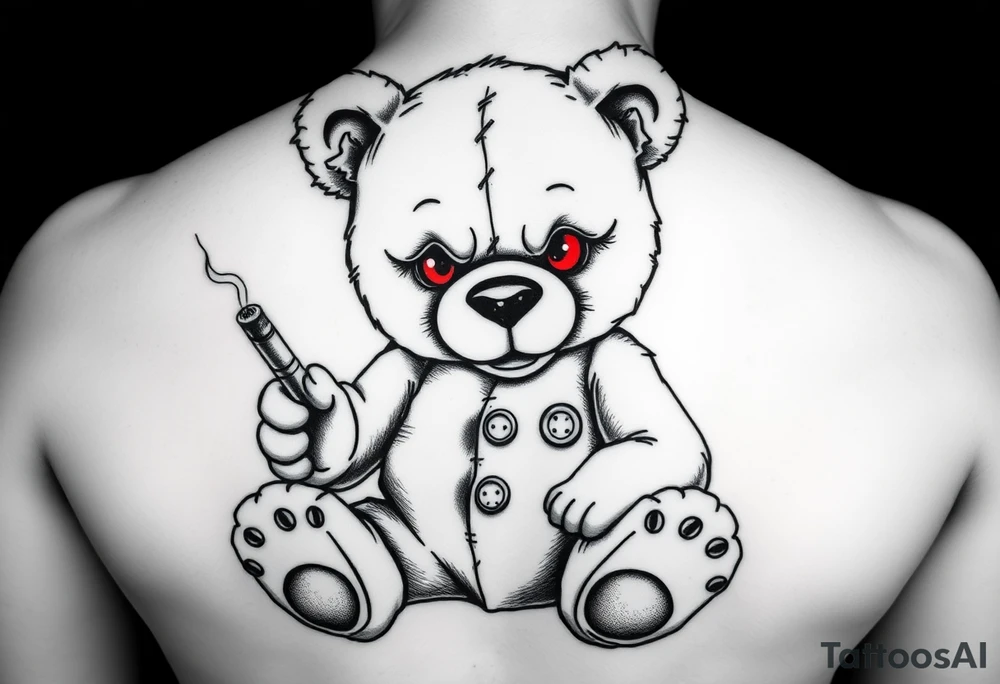 A black and white realistic tattoo design of a rebellious teddy bear. The bear looks worn out, with visible stitches, a torn ear, and a button eye. Some stuffing is peeking through its seams. It sits in a relaxed but tough pose, holding a smoking cigar in one paw. The bear has a smug yet tired expression, showing that it has been through a lot. Its eyes glow red as a minimal color accent. The style is detailed, dark, and edgy, perfect for a tattoo. tattoo idea