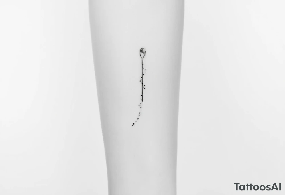 Minimalist black-ink forearm tattoo honoring a father and the continuation of his legacy. Central design: a single, rising abstract line or path starting faint and fragmented at the bottom (symbolizing the father’s unfinished work) and growing solid and strong as it rises (representing the son carrying the legacy forward). Along the path, include fine particle-like lines or dots flowing upward, symbolizing the father’s presence and guidance cheering the son on. Subtly integrate an abstract outline of the father’s figure or hand at the top, ethereal and minimal, watching proudly over the path. Include the Roman numerals or small elegant text: “VI·IV·MMXXIII” to mark April 6, 2023, and optionally the phrase “Building what he couldn’t” integrated along the line. Style: clean, minimalistic, fine-line black ink only, simple but meaningful, vertical forearm layout, emphasizing legacy, guidance, and emotional depth. tattoo idea