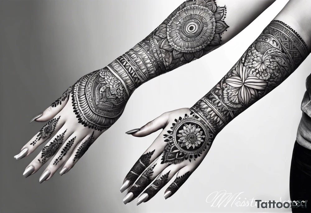 Full arm mandala henna female tattoo with mushroom henna at shoulder tattoo idea