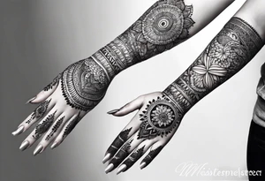 Full arm mandala henna female tattoo with mushroom henna at shoulder tattoo idea