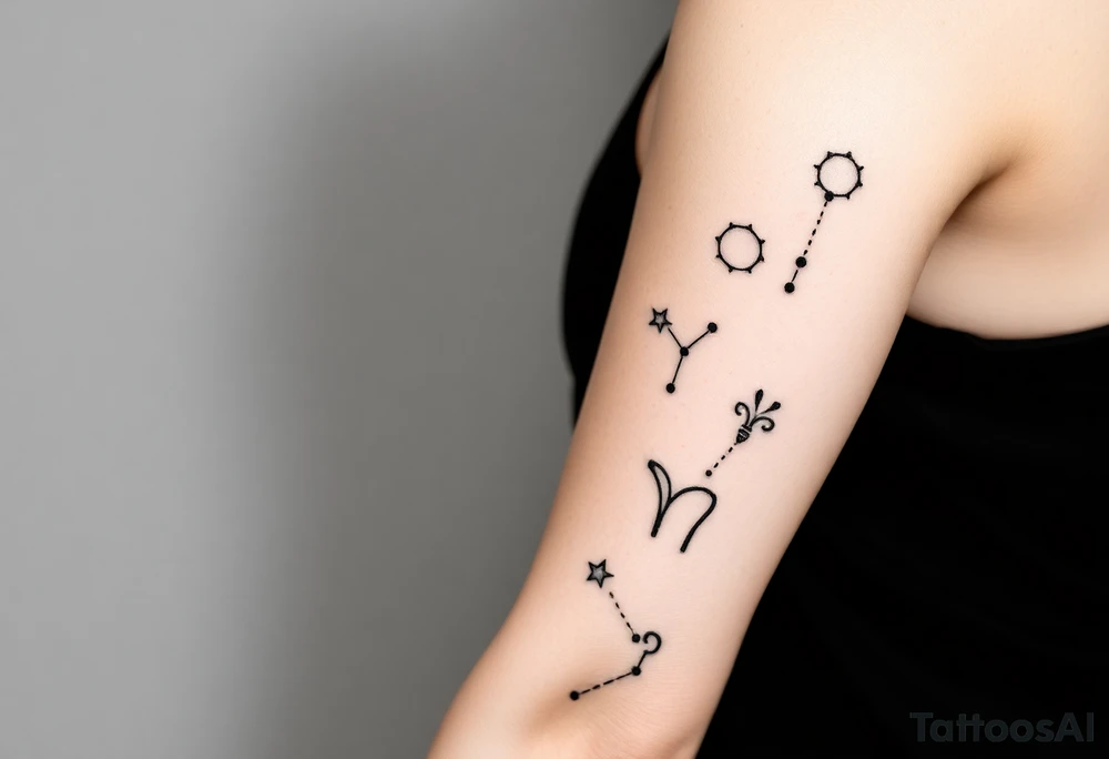 constellation tattoo with libra, cancer, Taurus, 2 scorpio and capricorn stars only tattoo idea