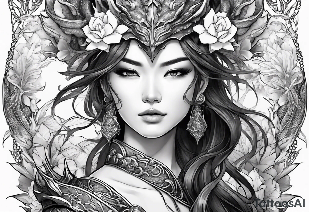 beautiful warrior woman wearing dragon armor and a floral background and a dragon a full picture tattoo idea