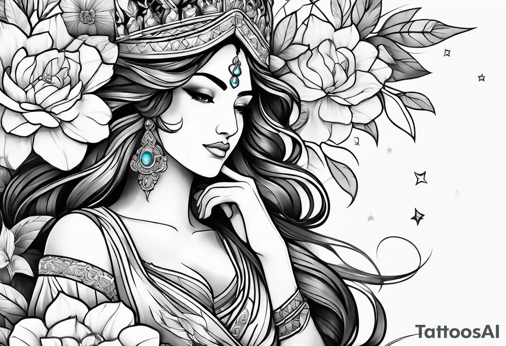 Goddess of justice with flowers tattoo idea