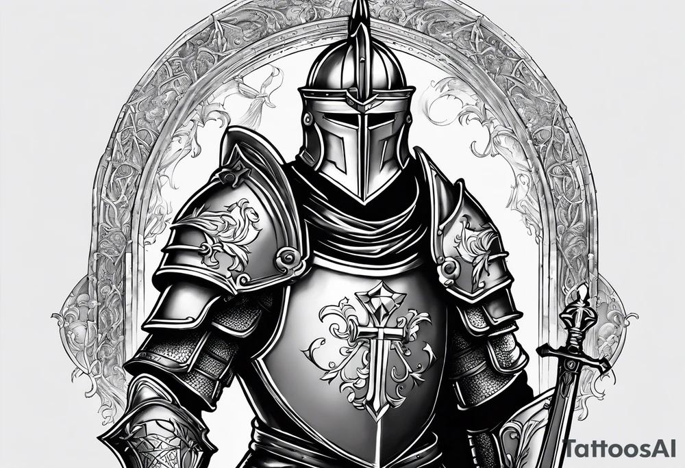 knight with heavy armor with Notre Dame with initials RJL on chest tattoo idea