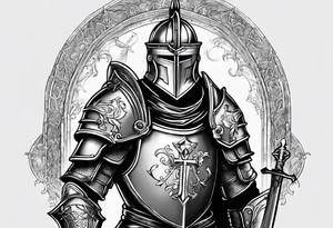 knight with heavy armor with Notre Dame with initials RJL on chest tattoo idea
