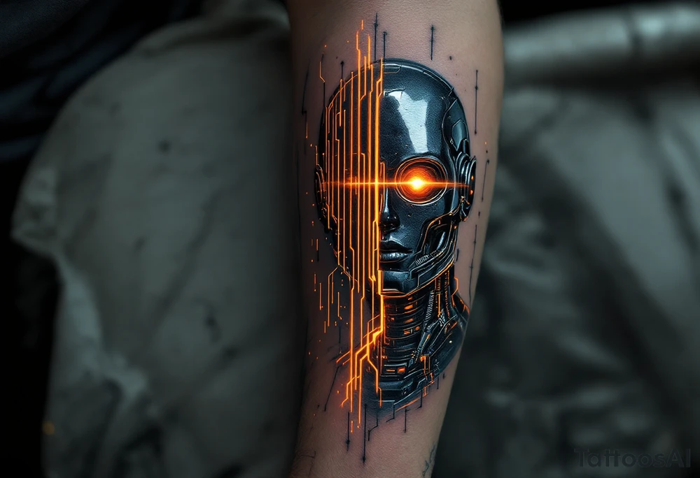 A half-human, half-android arm design in glossy gunmetal, lit from within by soft amber light trails tattoo idea