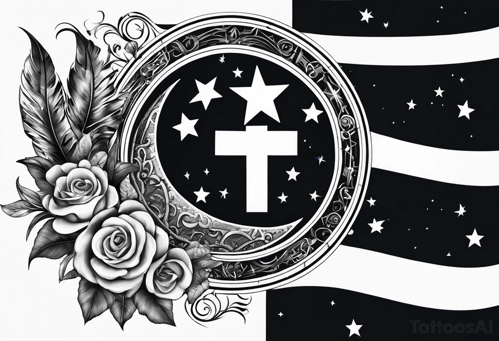 Collage for full left arm sleeve with:
2 stars, 
1 quarter moon, 
a bass guitar, 
a caduceus symbol tattoo idea