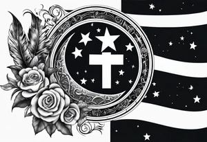 Collage for full left arm sleeve with:
2 stars, 
1 quarter moon, 
a bass guitar, 
a caduceus symbol tattoo idea