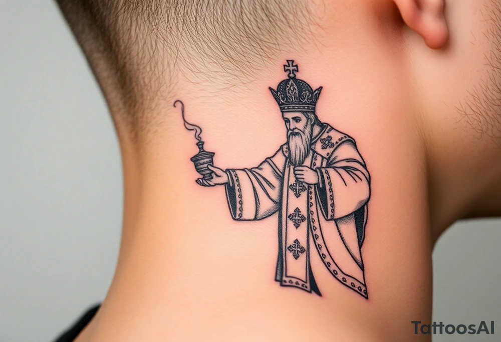 Russian Orthodox Priest in a fully detailed gold vestment swinging a censer with smoke curling upward tattoo idea