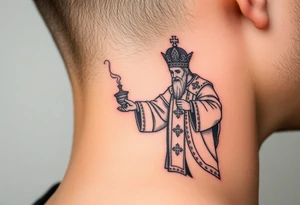 Russian Orthodox Priest in a fully detailed gold vestment swinging a censer with smoke curling upward tattoo idea