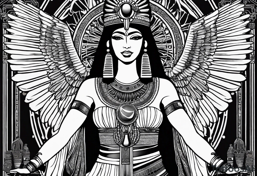black and white Egyptian goddess Isis, who is often depicted as a woman with outstretched wings, holding an ankh (a symbol of life) in one hand and a lotus flower in the other. Her headdress often includes a throne or a solar disk. The tattoo design can vary in style and size, but it typically aims to capture the essence of this revered Egyptian deity, emphasizing her beauty, power, and maternal qualities. The choice of colors and additional elements can also be customized to create a unique and visually striking representation of the goddess Isis tattoo idea