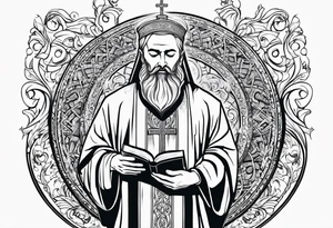Orthodox priest, holding a bible, and streaming tears falling while looking up at god tattoo idea