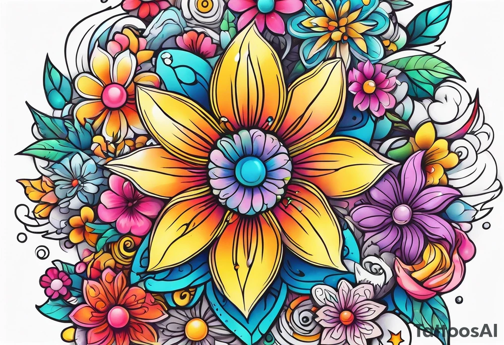 cute kawaii colorful flowers, stars, and characters tattoo idea