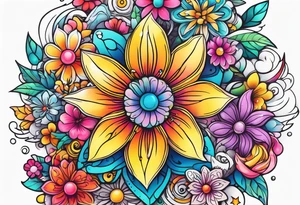 cute kawaii colorful flowers, stars, and characters tattoo idea